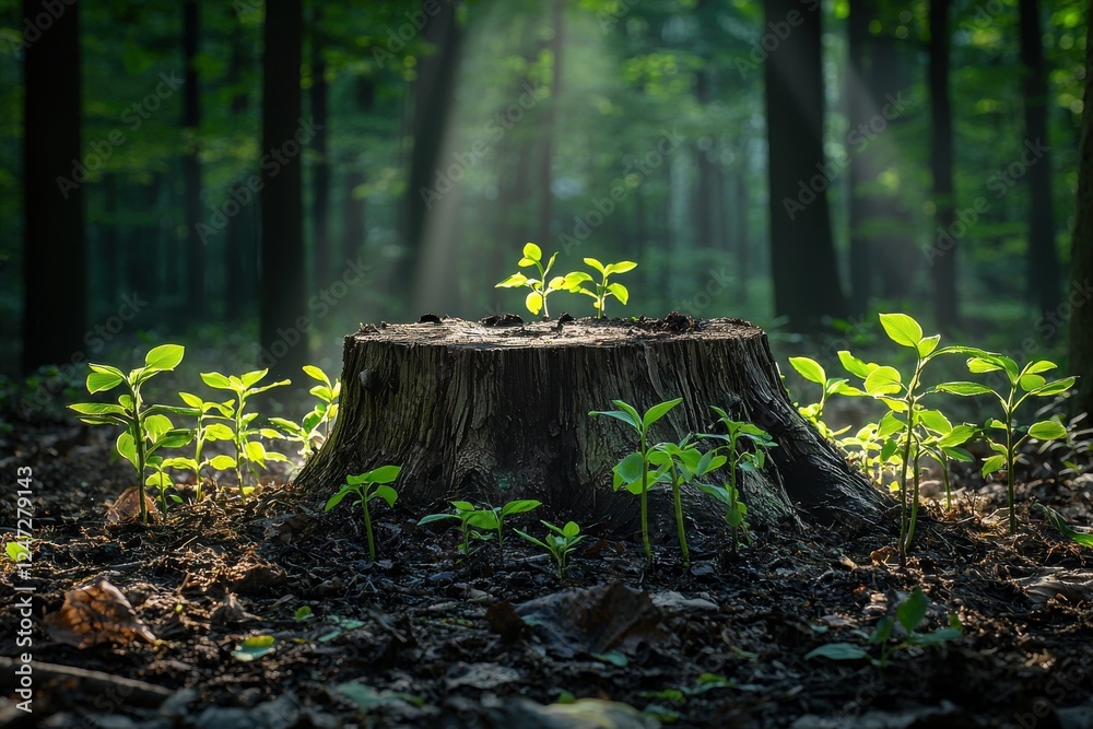 Fototapeta premium Decaying tree stump nurtures new life under soft sunlight in a forest setting