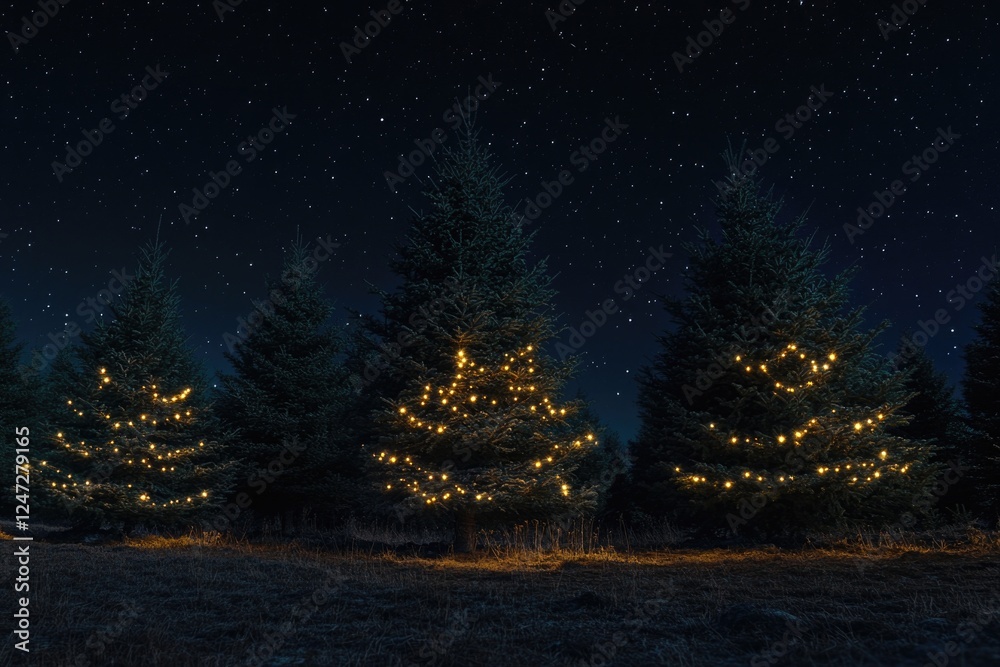 Naklejka premium The image features a group of Christmas trees beautifully lit up against the night sky, creating a festive and picturesque scene.