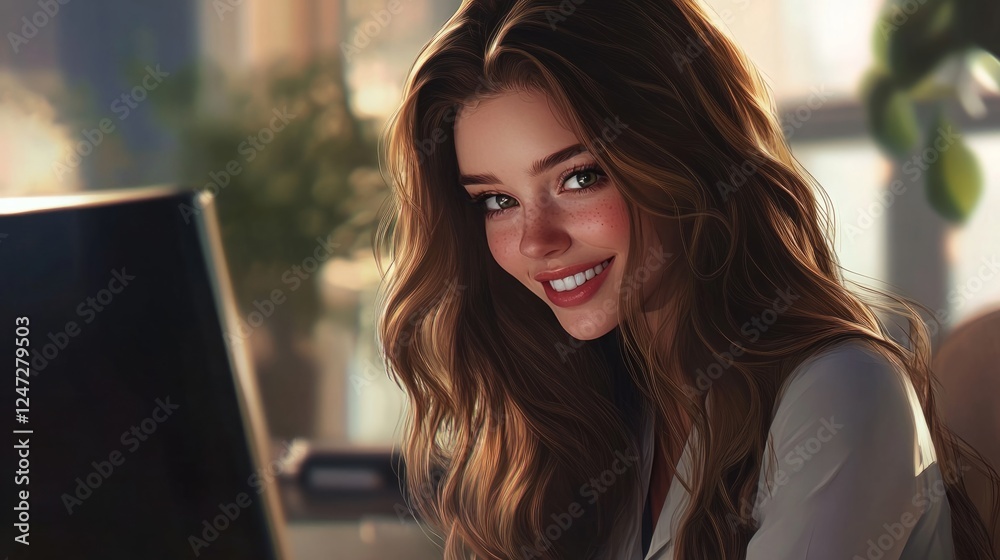 woman working in an office with wavy hair, white skin, beautiful smile generative ai woman working in an office with wavy hair, white skin, beautiful smile generative ai