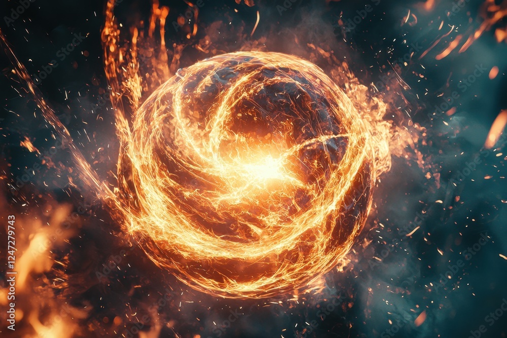 Obraz premium Fiery swirling energy vortex with intense golden flames and sparks.