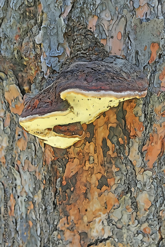 Illustration - Fungi - fungus - Conk mushroom growing on a tree trunk.

