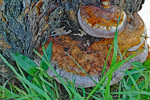 Illustration - Fungi - fungus - Conk mushroom growing on a tree trunk.

