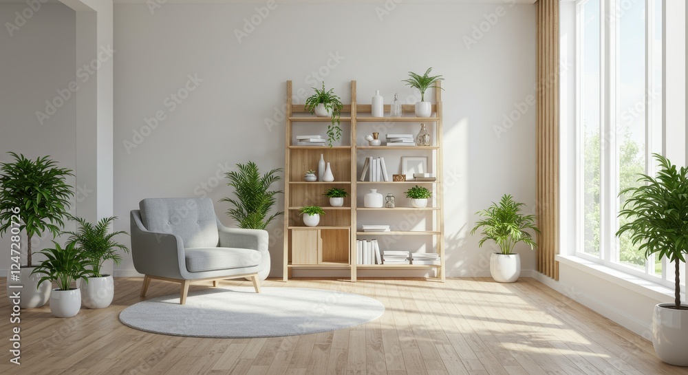 Fototapeta premium A bright and modern corner featuring a minimalist gray armchair placed on a round white rug