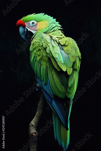 Close-up image of a brightly colored parrot with red head perched on a branch. Vibrant plumage and black beak.
