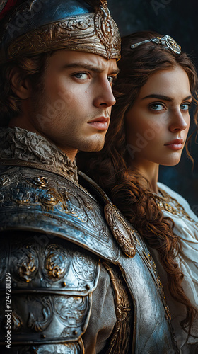 Noble Medieval Knight in Ornate Armor and Elegant Lady in Historical Attire photo