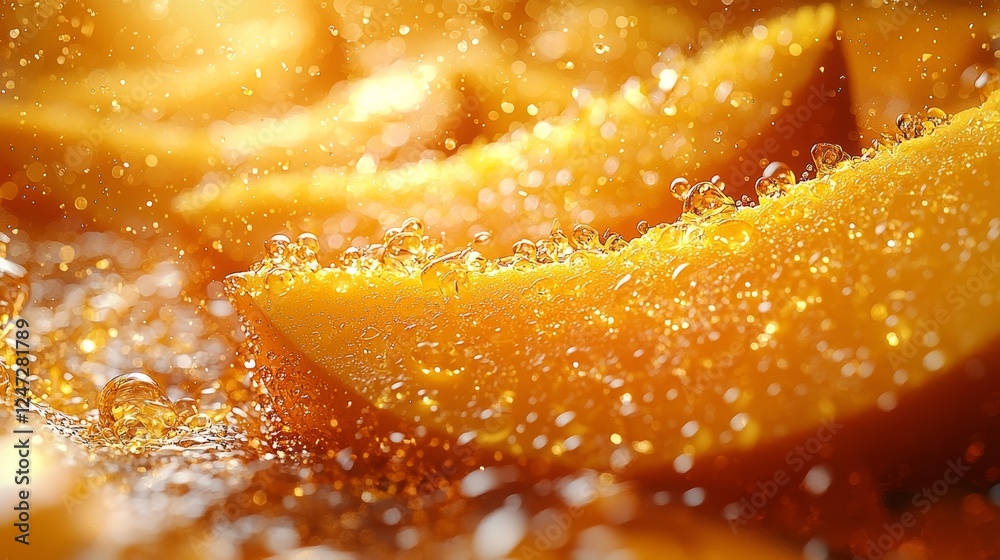 Explosive Burst of Mango Flavor with Bubbles and Juicy Fruit Slices in a Bright Scene Explosive Burst of Mango Flavor with Bubbles and Juicy Fruit Slices in a Bright Scene