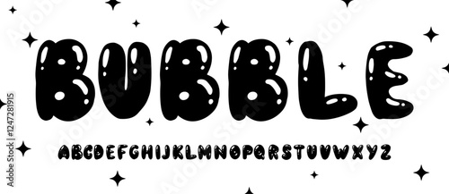 Bubble or balloon font rounded colourful typeface done with brush pen for kids or festival. party lettering trendy shapes