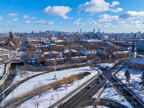 Cambridge Common and Old Harvard Yard aerial view in winter including Memorial Hall, Memorial Church, Widener Library and University Hall in historic center of Cambridge, Massachusetts MA, USA. 