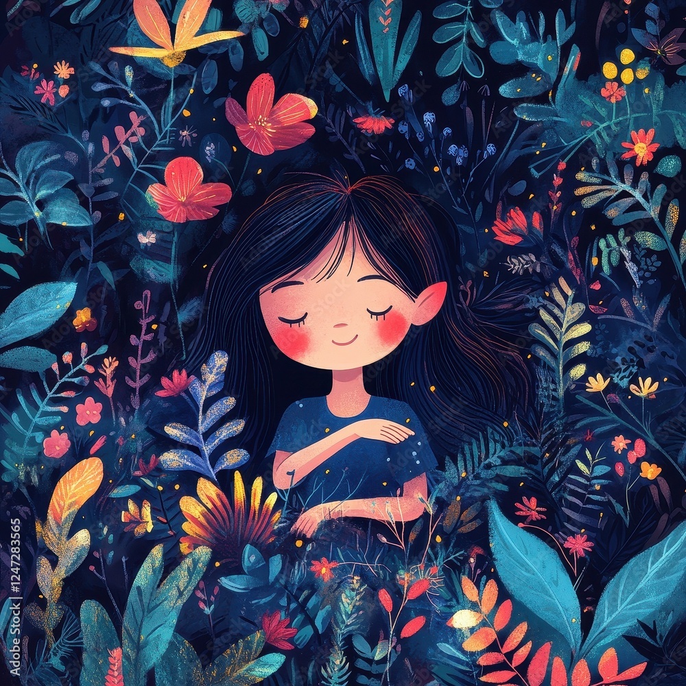 Girl Sleeping Peacefully Amidst Vibrant Flowers Girl Sleeping Peacefully Amidst Vibrant Flowers