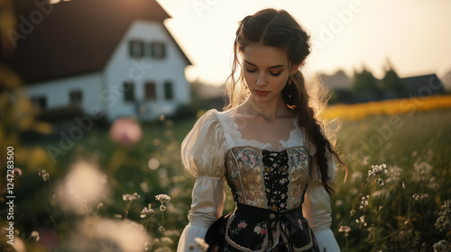 young girl in a pink dirndl dress with flowers and a sunny day