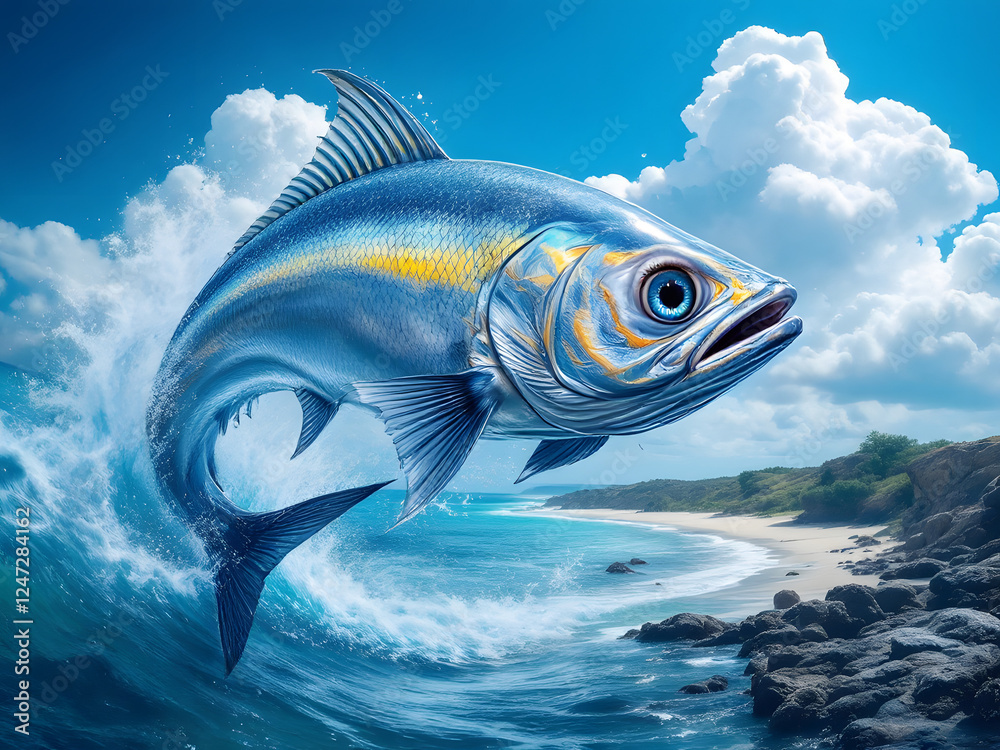 Naklejka premium A vibrant tuna leaps from the ocean, splashing water under a bright tropical sky.