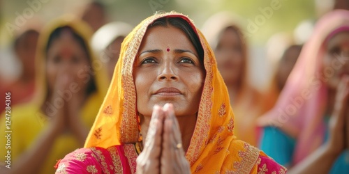 A woman dressed in a traditional Indian sari, deeply engrossed in prayer. Her hands are folded together and she appears to be chanting or praying.