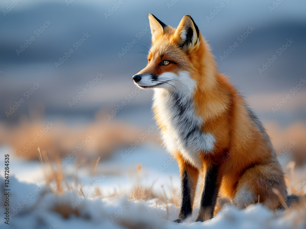 Naklejka premium Fox, wild, nature, animal, outdoors, wildlife, red fox, mammal, natural habitat, wilderness, forest, field, grass, mountains, landscape, scenic, serene, tranquil, peaceful, solitude, alone, sitting, o