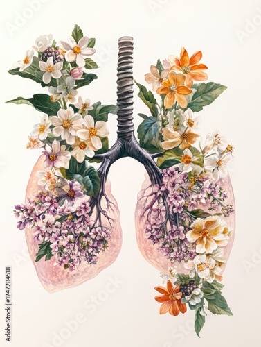 Artistic image of human lungs adorned with flowers and greenery, symbolizing vitality and health. photo