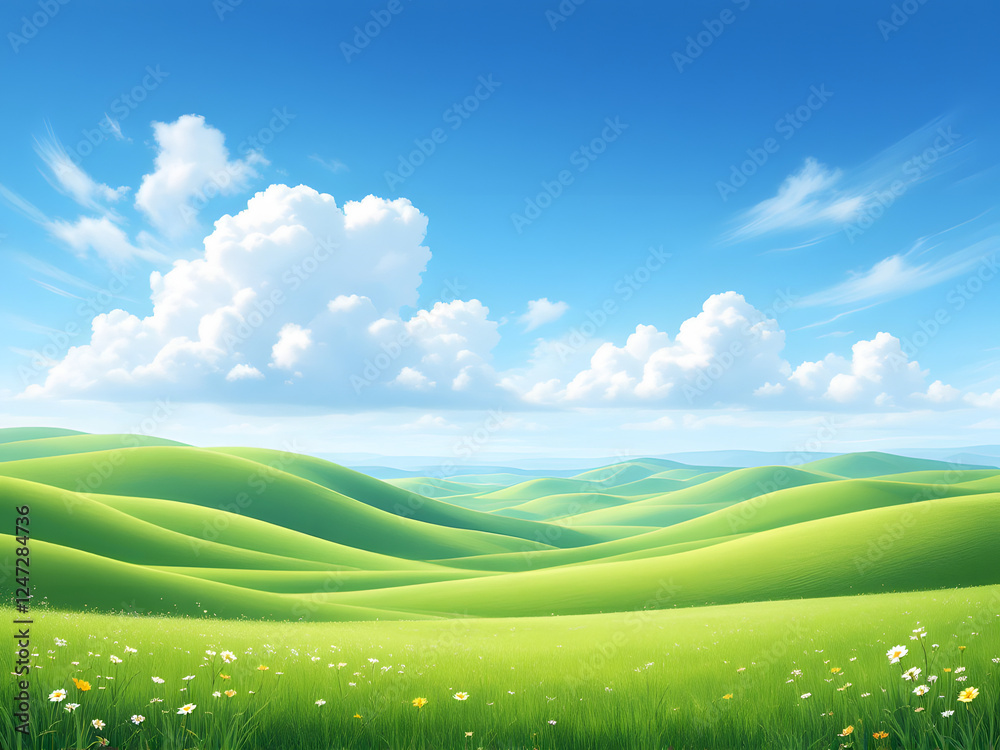 Serene landscape with rolling green hills under a clear blue sky, evoking tranquility and natural beauty. Serene landscape with rolling green hills under a clear blue sky, evoking tranquility and natural beauty.
