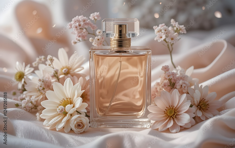 Luxury peach color bottle of perfume without label and flowers Luxury peach color bottle of perfume without label and flowers