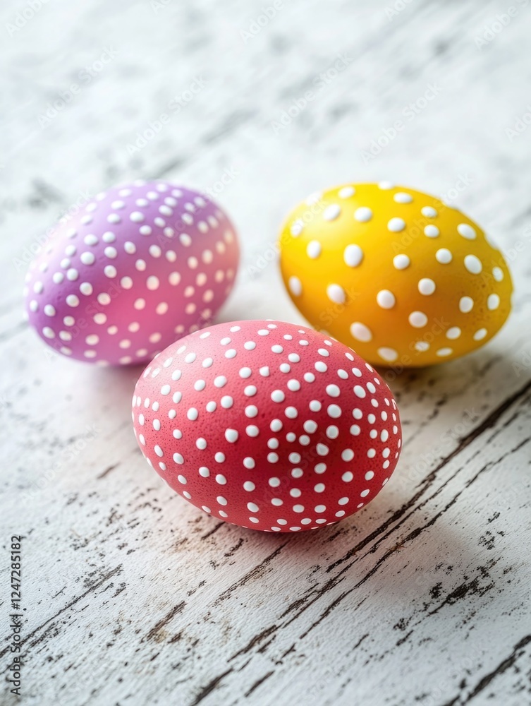 Set of three colorful polka-dotted Easter eggs, each with distinct colors and patterns, ready for decoration or giving as festive gifts. Set of three colorful polka-dotted Easter eggs, each with distinct colors and patterns, ready for decoration or giving as festive gifts.