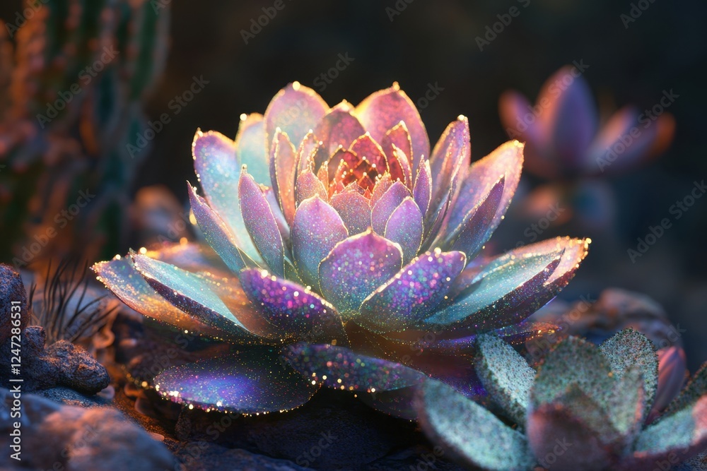 Colorful succulent glimmers under soft light in a tranquil garden setting Colorful succulent glimmers under soft light in a tranquil garden setting