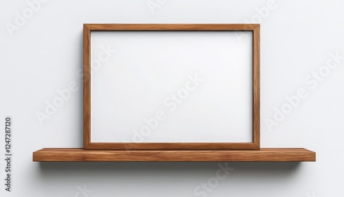 A wooden frame is elegantly placed on a simple shelf with a clean, neutral wall