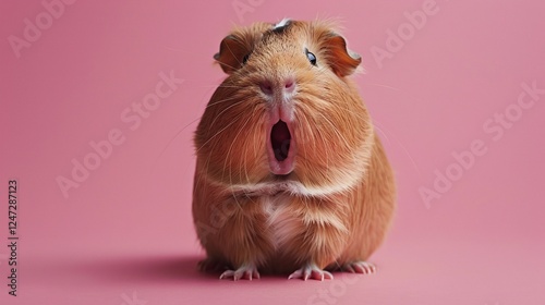 Surprised guinea pig on pink background, expressive animal close-up, fluffy fur detail, minimalistic and playful pet portrait, vibrant and cheerful composition, isolated on pastel tones

