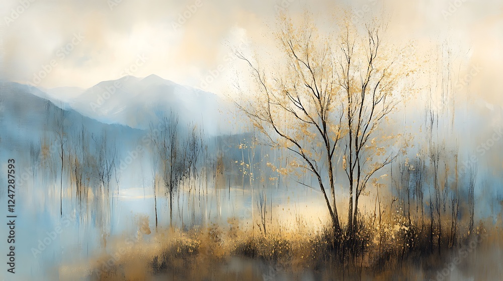 Fototapeta premium Misty autumn landscape, mountains background, serene nature, wall art