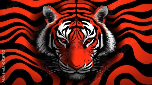 Bold tiger features red and black abstract stripes in a captivating artistic representation
