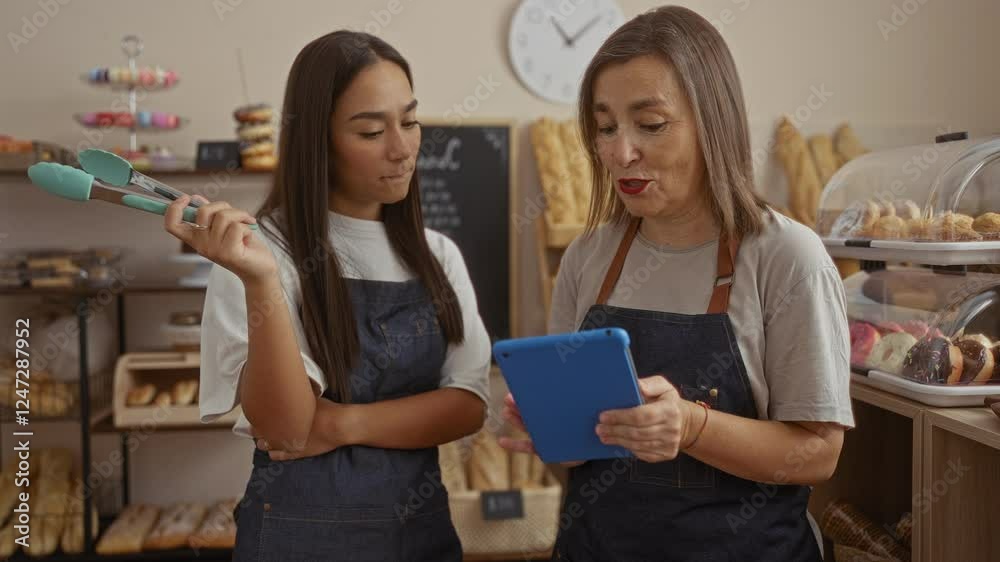 Women bakers working together with a tablet in a bakery, featuring shelves of bread and pastries in the background. Women bakers working together with a tablet in a bakery, featuring shelves of bread and pastries in the background.