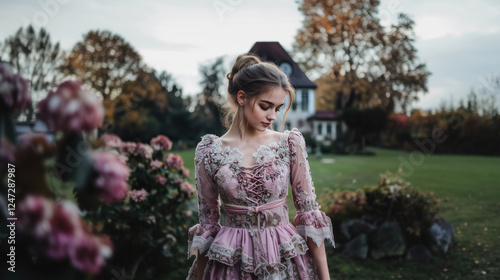 young girl in a pink dirndl dress with flowers and a sunny day