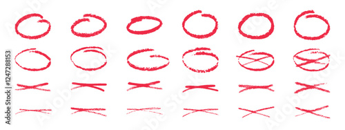 A set of red strokes    with marker pen, pencil, chalk . Hand drawn doodles, swirls and curves. Vector illustration of various strokes and lines drawn with charcoal.