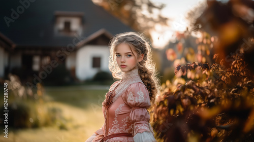 young woman in a pink dirndl dress standing near the tree  with flowers and a sunny day