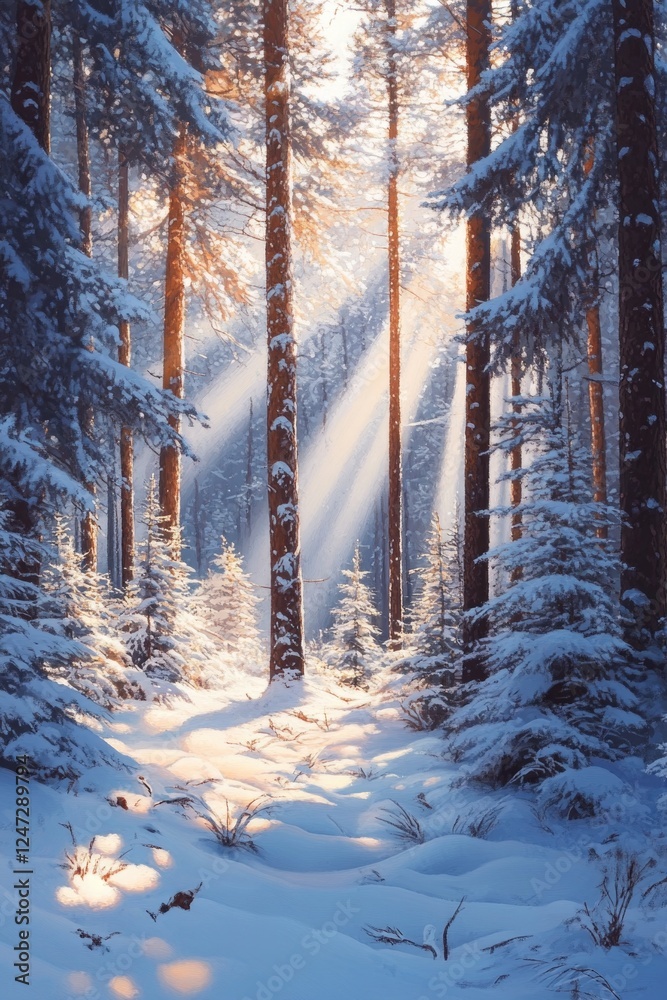 Fototapeta Wooden trail in winter sunlight with snow-covered trees.