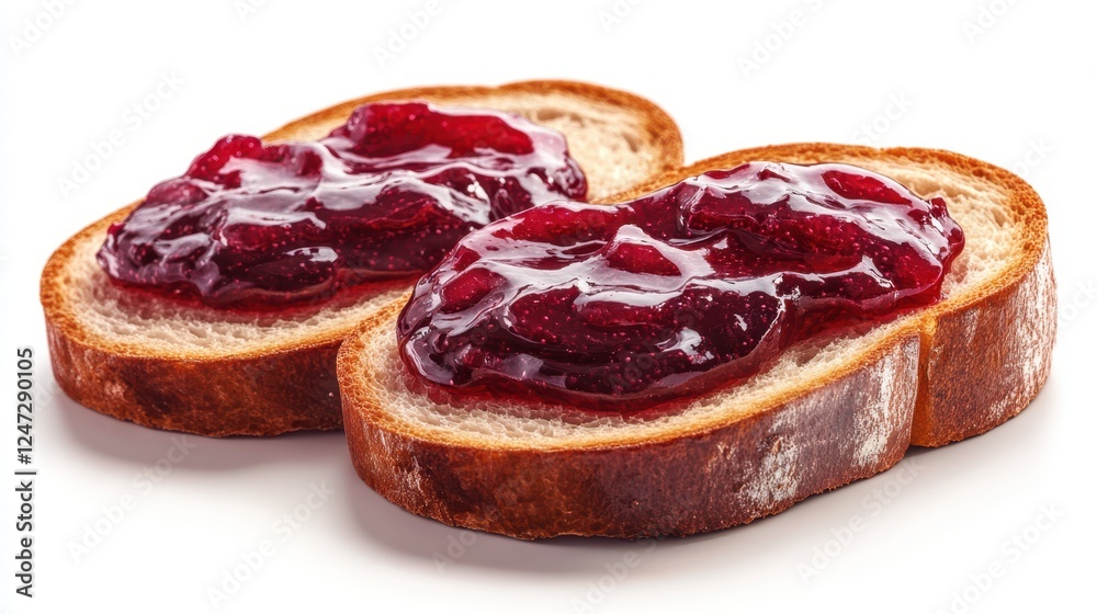 Two slices of toast with raspberry jam, vibrant red color, sweet breakfast meal Two slices of toast with raspberry jam, vibrant red color, sweet breakfast meal