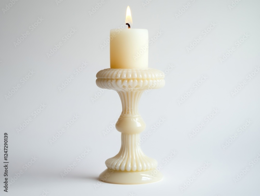 Lit candle on a ceramic candlestick with intricate design, placed against white background. Home decor item. Lit candle on a ceramic candlestick with intricate design, placed against white background. Home decor item.