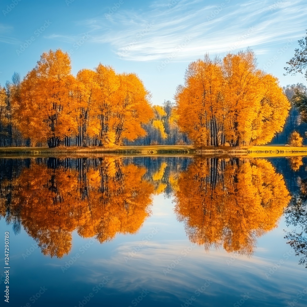 Autumn landscape with reflection in the lake, trees and blue sky Autumn landscape with reflection in the lake, trees and blue sky