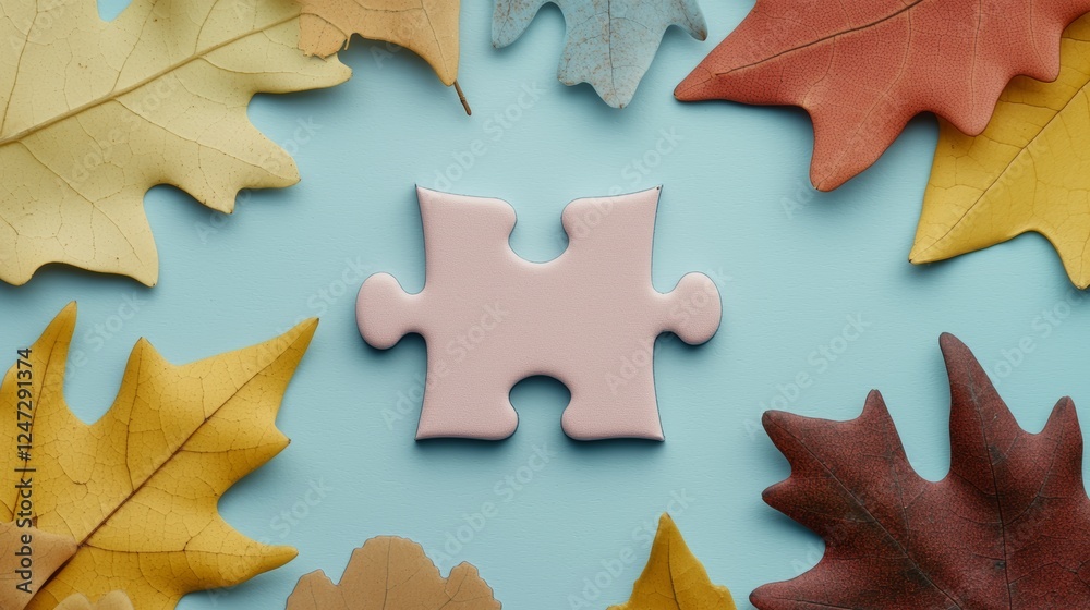 Fototapeta premium Pastel Colors Puzzle Piece Surrounded by Autumn Leaves on Soft Blue Background