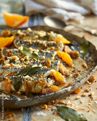 Traditional Sicilian sarde a beccafico, stuffed sardines with breadcrumbs, pine nuts, raisins, and citrus zest.
