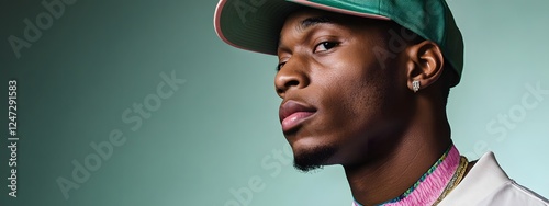 A young black man wearing an old pink and green new era cap
