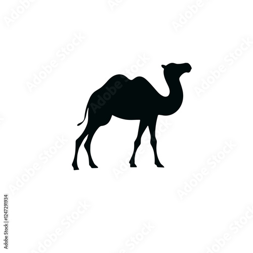 Isolated silhouette of a dromedary camel on white background for travel and adventure themes