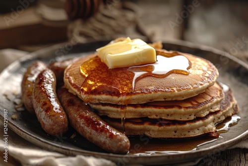 Pile of fluffy pancakes with butter and sausage for a hearty breakfast.