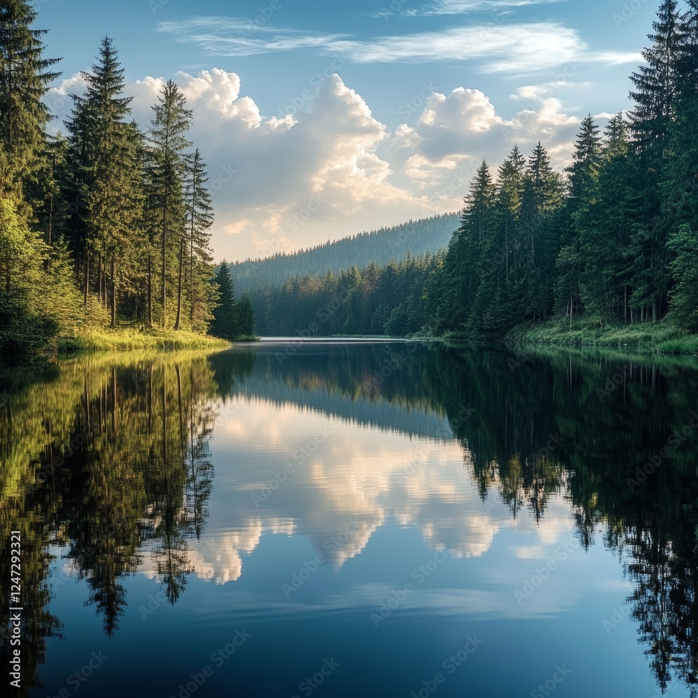 Fototapeta premium Beautiful landscape with forest lake and reflection in water. HDR image