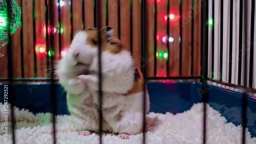 Guinea Pig Playing in Cage Scene with Colorful Lights