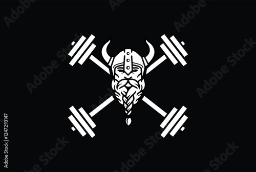 Viking vector with cross barbells - Berserker gym fitness logo vector with barbell