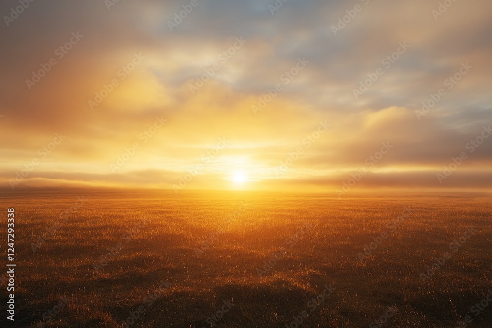 Fototapeta premium A beautiful sunset over a field of grass. The sky is filled with clouds, and the sun is setting in the distance. The scene is peaceful and serene