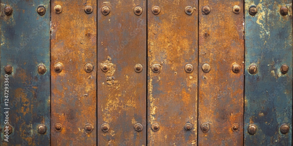 An old, rusted metal door with visible bolts on each panel. An old, rusted metal door with visible bolts on each panel.