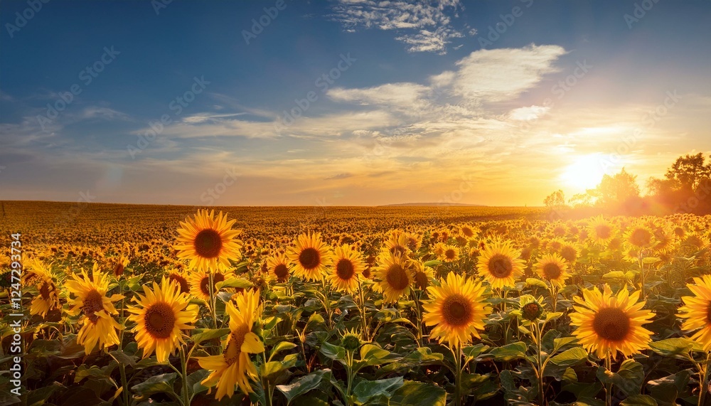 Obraz premium Sunflower field, yellow flowers in the light of setting sun, stock photo