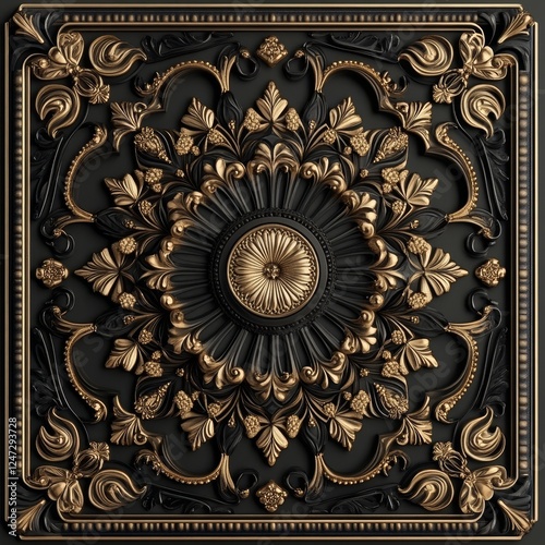 Luxury golden floral ornament on black background. 3d rendering