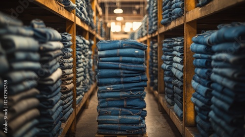 Wallpaper Mural Stacks of folded jeans filling warehouse shelves displaying denim merchandise Torontodigital.ca