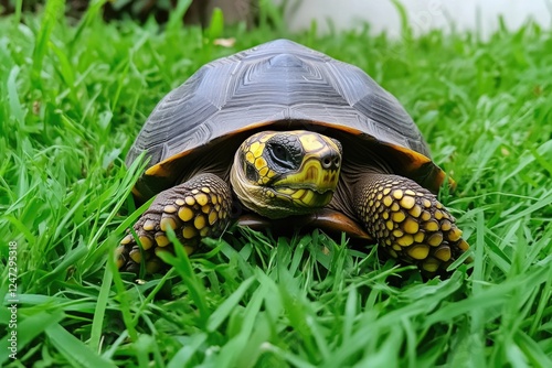 A tortoise resting on a grassy surface, enjoying the sunlight. photo