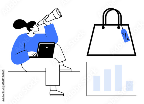 Woman with a laptop and telescope, analyzing market. Shopping bag with price tag and bar chart. Ideal for e-commerce, market research, data analysis, online shopping, business strategy, trend