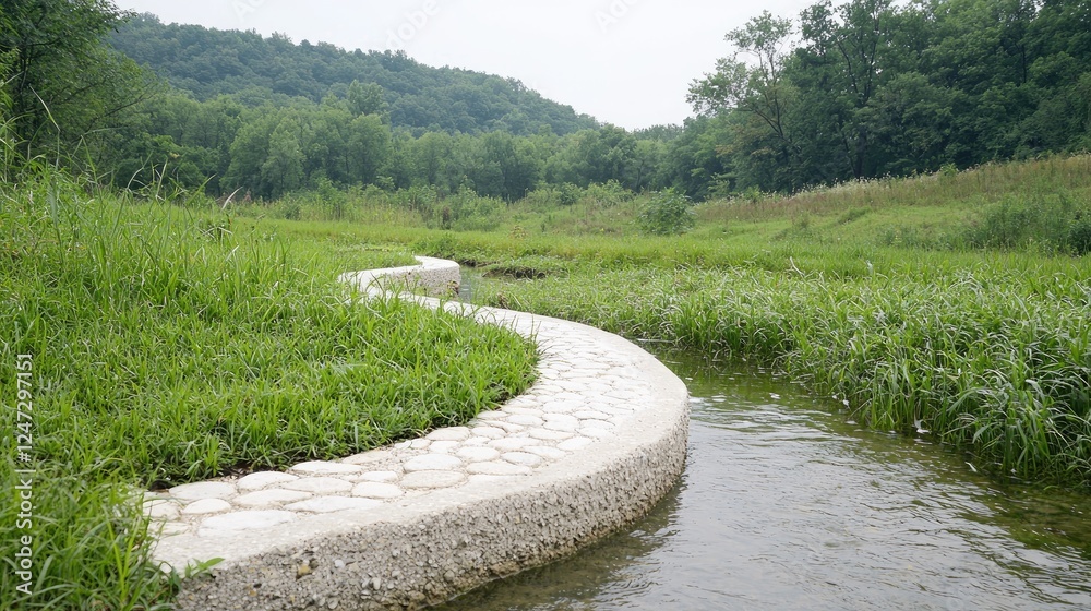 Winding stone path beside stream, green hills background, nature tranquility, scenic Winding stone path beside stream, green hills background, nature tranquility, scenic